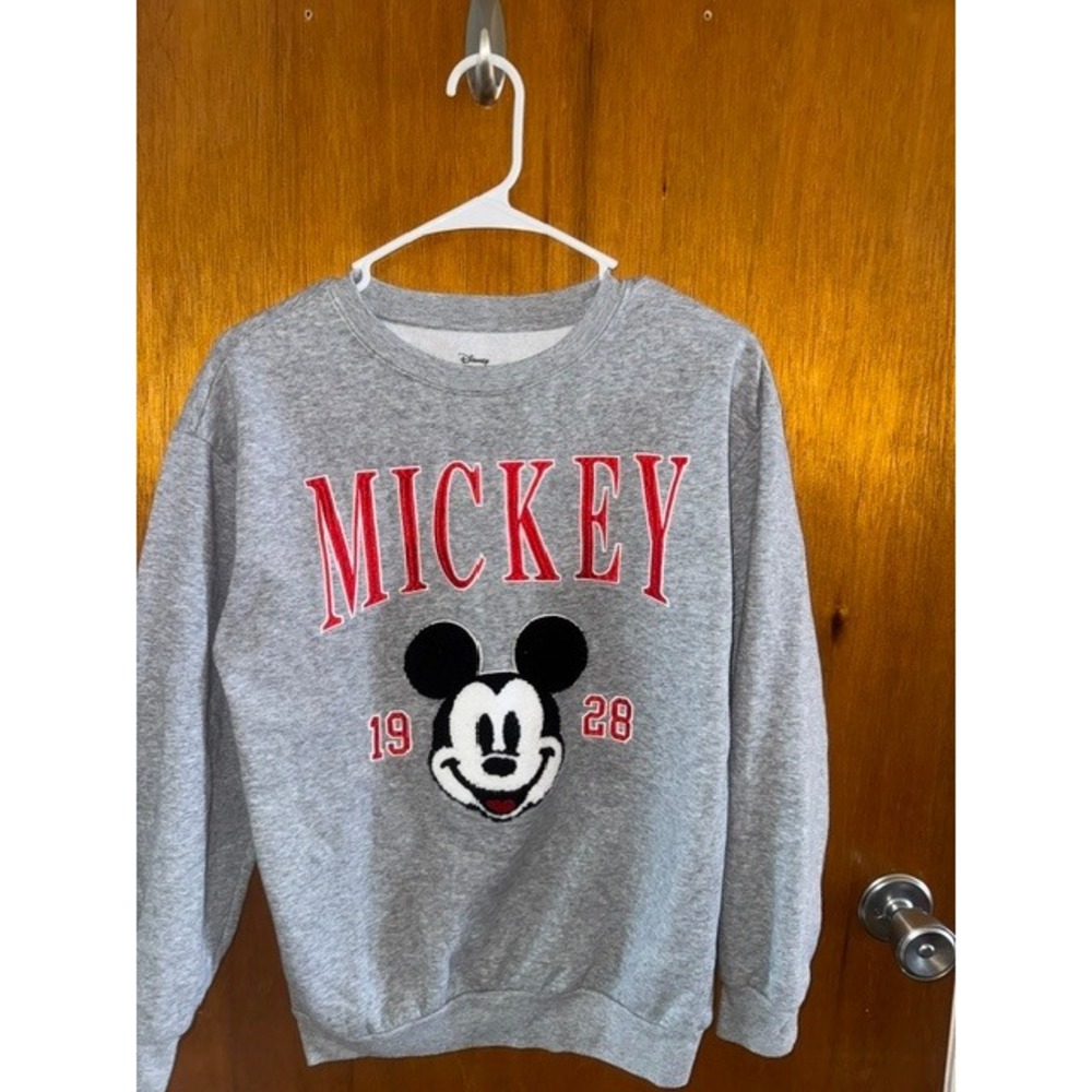 Disney Mickey Mouse Sweatshirt Womens XS Gray Red Embroidered Pullover Fleece